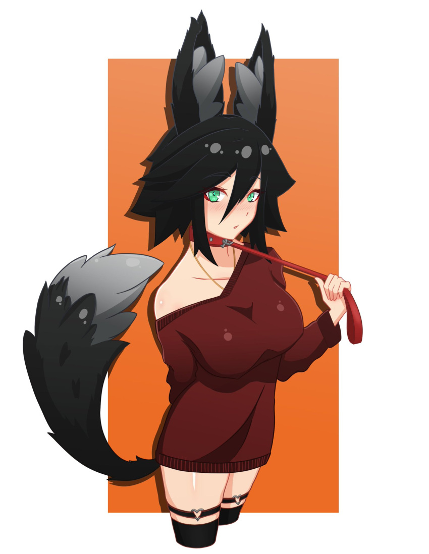 1girls animal_ears b4d big_breasts black_hair blush clothed collar female female_only green_eyes leash light-skinned_female light_skin looking_at_viewer original solo stella_(b4d) tail thighhighs wolf_ears wolf_girl wolf_tail