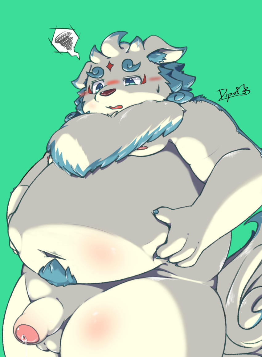 agyou anthro asian_mythology balls belly blush bodily_fluids east_asian_mythology flaccid foo_dog foreskin genital_fluids genitals hi_res japanese_mythology komainu male mammal mythology navel nipples nude overweight overweight_anthro overweight_male penis pikadipo precum solo tokyo_afterschool_summoners video_games yōkai