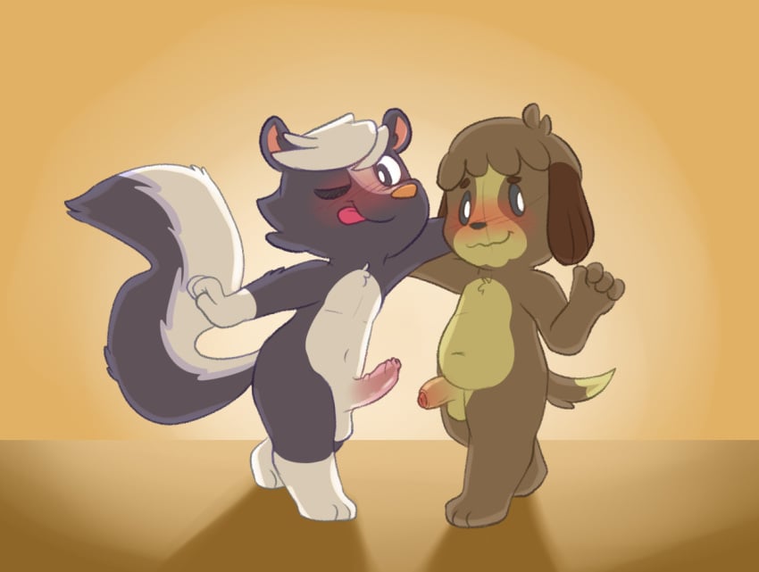 animal_crossing canid canine canis censored digby_(animal_crossing) discord_(app) domestic_dog kicks_(animal_crossing) male male/male mammal mephitid nintendo nude shadow_play skunk unboxyguy video_games