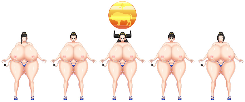 areolae ass beige_skin big_ass big_breasts black_eyes black_hair bluebullpen breasts chichi commission daughter dragon_ball dragon_ball_gt dragon_ball_super dragon_ball_z empty_eyes female lactation milf milk mind_control mother_and_daughter nipples thong topless year_of_the_ox