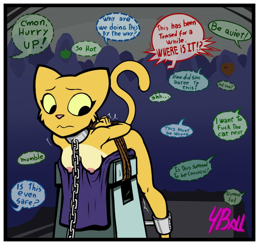 anthro bethesda_softworks bondage border bound breasts comic dialogue digital_media_(artwork) english_text felid feline felis female fourball fur group hi_res katia_managan khajiit mammal nipples nude prequel profanity speech_bubble text the_elder_scrolls video_games webcomic webcomic_character white_border yellow_body yellow_fur