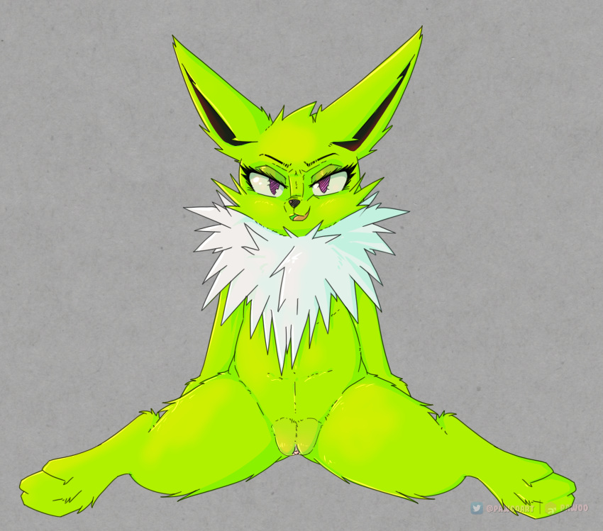 digital_media_(artwork) eeveelution eyelashes female feral fur furry furry_only genitals hi_res jolteon looking_at_viewer mammal nintendo nude open_mouth pawoo pokémon_(species) pokemon presenting presenting_pussy pussy simple_background smile solo spread_legs spreading video_games yellow_body yellow_fur