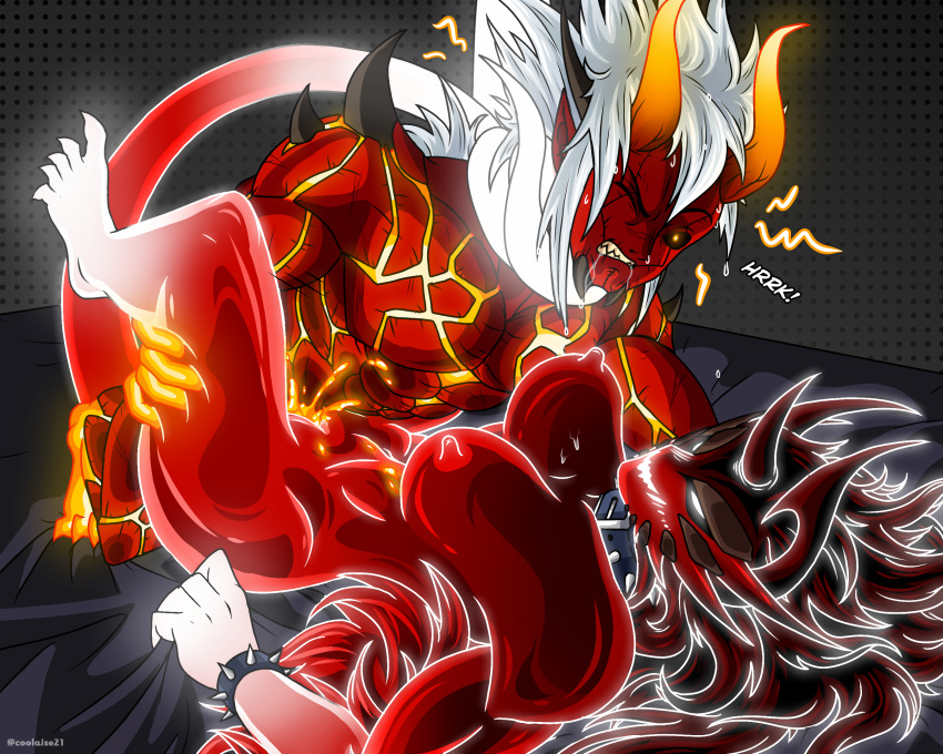 1boy 1girls adam_merdox_(draco_gatom) choking demon demon_horns dracogatom_oc dragon dragon_girl dragon_install guilty_gear lava lava_cum lewdaise missionary_position saliva tail volcanic_creature white_hair