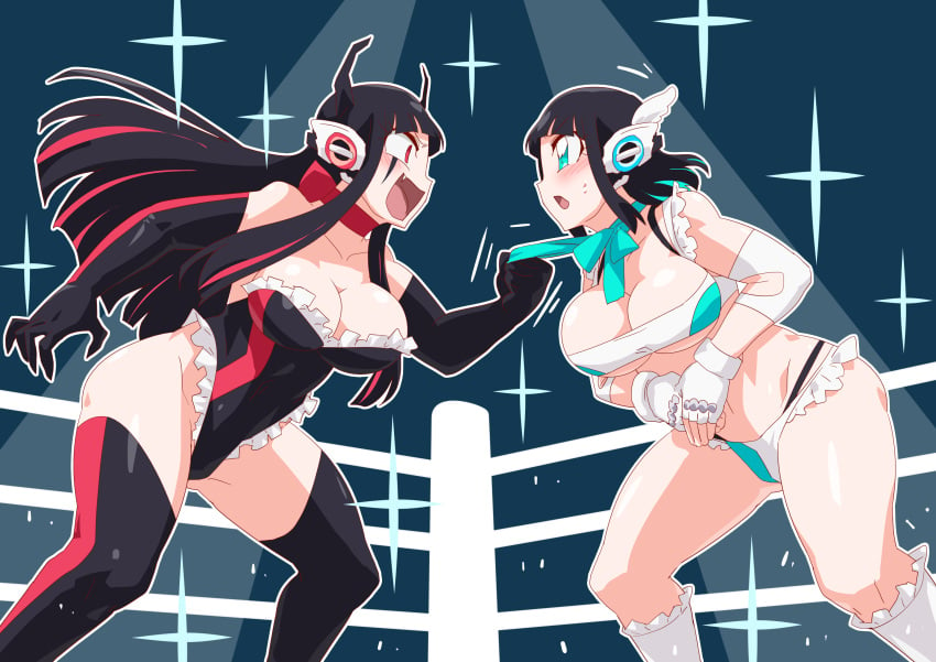 2girls android angel_wings arm_stockings as_(kamen_rider_zero_one) big_breasts black_hair black_swimsuit black_thigh_highs black_thighhighs blue_background blue_eyes boots devil_horns femdom frilled_bikini frilled_panties gloves grabbing hair_accessory is_(kamen_rider_zero-one) kamen_rider kamen_rider_zero-one_(series) long_hair looking_at_partner oerba_yun_fang one-piece_swimsuit open_mouth otokam1117 red_eyes robot_girl robot_humanoid short_hair spotlight swimsuit thick_thighs thigh_highs thighhighs white_bikini white_boots white_gloves white_panties wrestling wrestling_boots wrestling_femdom wrestling_outfit wrestling_ring