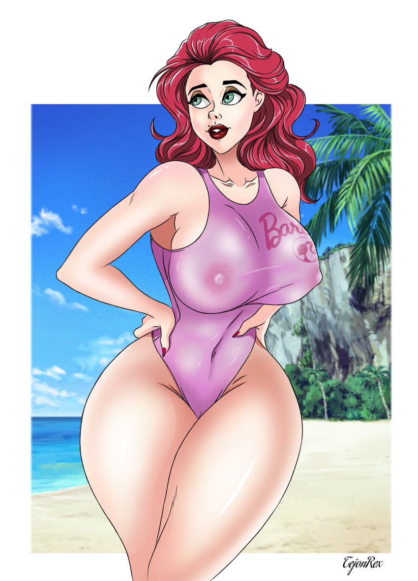 andy_(tejonrex) beach big_breasts breasts exhibition exhibitionism legs long_hair looking_at_viewer mole mole_above_mouth nipples pink_nipples red_hair smile tejonrex transparent