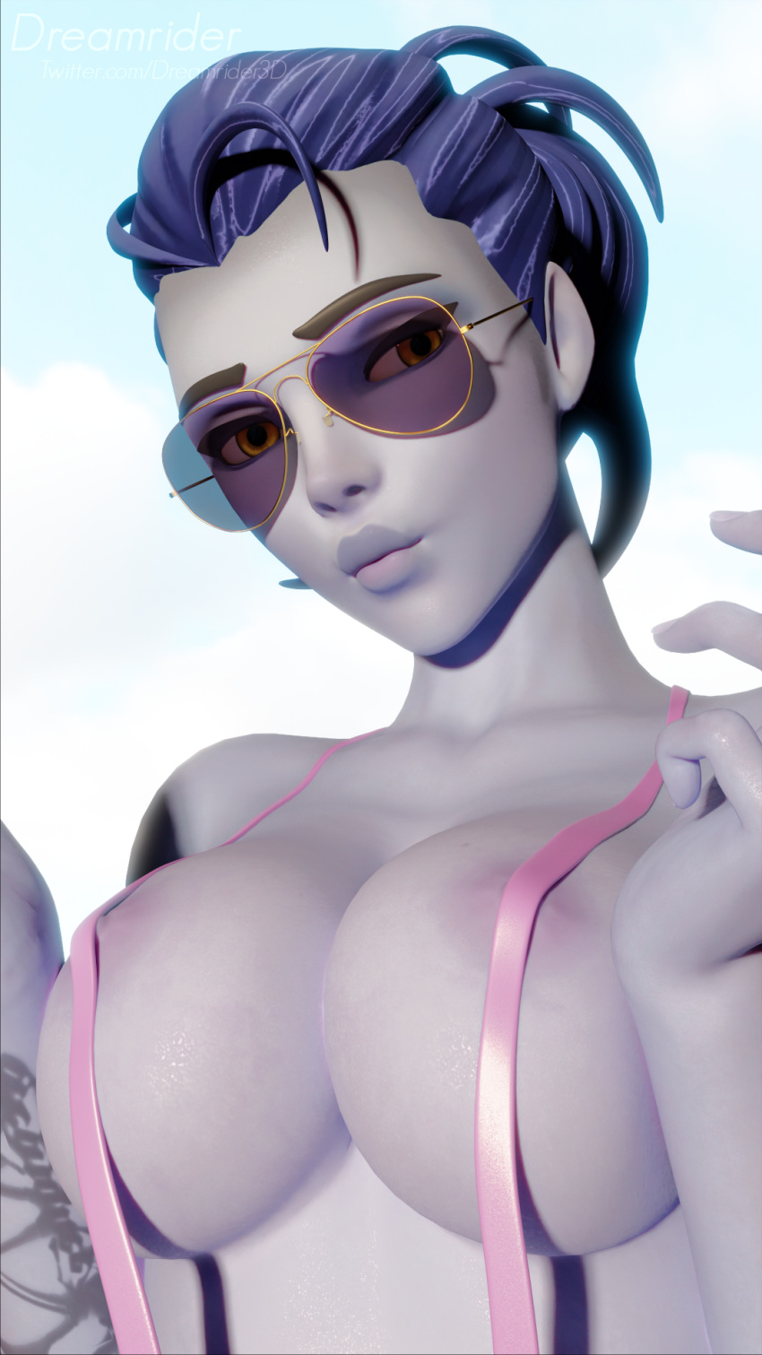 1girls 3d big_breasts blender blizzard_entertainment breasts cleavage dreamrider female female_only large_breasts nipples overwatch sling_bikini solo sunglasses sunglasses_on_head widowmaker