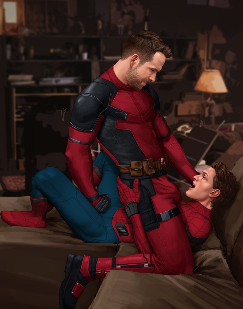 2boys beard brown_hair bulge celebrity deadpool gabo_artist gay hand_on_ass looking_down male male_only marvel peter_parker ryan_reynolds spandex spider-man spider-man_(series) spider-man_(tom_holland) superhero tight_clothing tom_holland wade_wilson yaoi