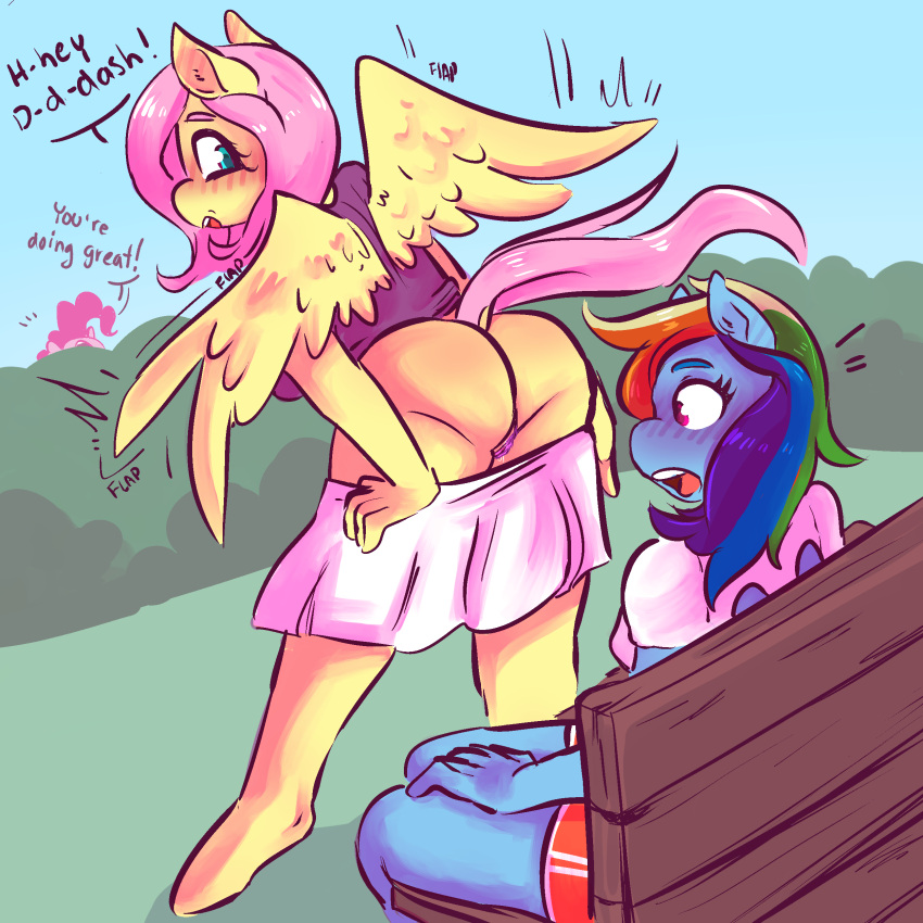 3girls absurd_res anthro anthrofied aqua_hair ass ass_awe bench big_ass blue_skin blush bottomless bottomless_skirt butt_crack clothed clothing currentlytr_ash dialogue embarrassed equid equine exhibitionism female female/female female_only fluttershy_(mlp) friendship_is_magic genitals hasbro hi_res looking_back mammal mooning motion_lines multicolored_hair my_little_pony no_underwear outdoors outside pegasus pink_eyes pink_hair pink_skin pinkie_pie_(mlp) pussy rainbow_dash_(mlp) rainbow_hair shoulder_length_hair skirt skirt_down straight_hair surprised text uncensored wings yellow_skin yuri