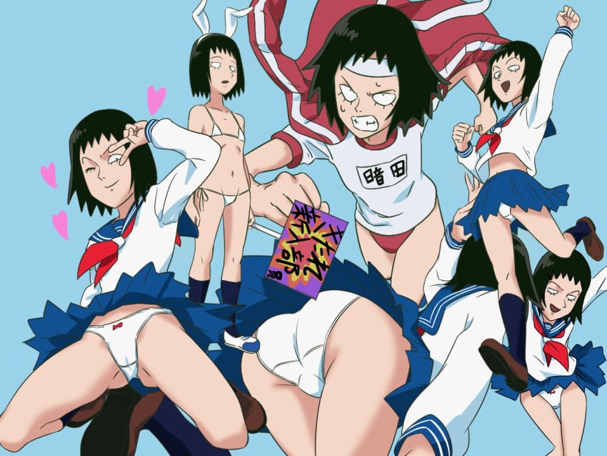 1girls animal_ears arm_up ass bare_legs bent_over black_hair blue_background blue_skirt bunny_ears buruma eyelashes female female_only flat_chest gym_uniform headband heart jacket kurata_tome m_o_(prftz) micro_bikini midriff miniskirt mob_face mob_psycho_100 multiple_views navel panties pantyshot peace_sign running school_uniform serafuku short_hair skirt skirt_lift solo spread_legs squatting underwear upskirt v_over_eye white_panties