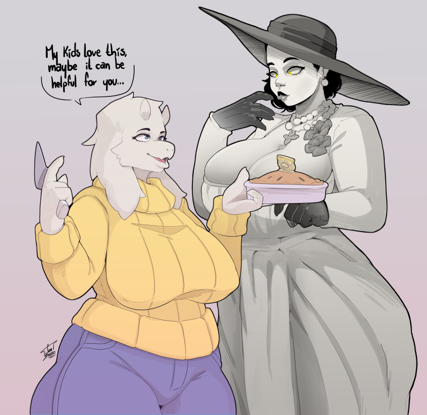 2girls absurd_res alcina_dimitrescu anthro big_breasts black_hair blue_eyes bottomwear bovid breasts capcom caprine cleavage clothed clothing crossover cumbread curvy_figure denim denim_clothing dessert dialogue duo ear_piercing eastern_and_western_character english_text female female_only fingers floppy_ears food fur gloves goat hair handwear hat headgear headwear hi_res horn huge_breasts human jeans jewelry lips long_ears mammal mature_anthro mature_female necklace open_mouth pants pie piercing resident_evil resident_evil_8:_village signature sweater text thick_thighs topwear toriel undertale video_games voluptuous white_body white_fur yellow_eyes