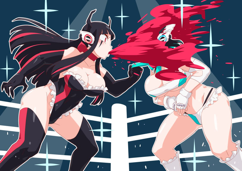 2girls android angel_wings arm_stockings as_(kamen_rider_zero_one) big_breasts black_hair black_swimsuit black_thigh_highs black_thighhighs blowing_smoke blue_background boots devil_horns femdom frilled_bikini frilled_panties gloves grabbing hair_accessory is_(kamen_rider_zero-one) kamen_rider kamen_rider_zero-one_(series) long_hair one-piece_swimsuit otokam1117 red_eyes red_smoke robot_girl robot_humanoid short_hair smoke spotlight swimsuit thick_thighs thigh_highs thighhighs white_bikini white_boots white_gloves white_panties wrestling wrestling_boots wrestling_femdom wrestling_outfit wrestling_ring