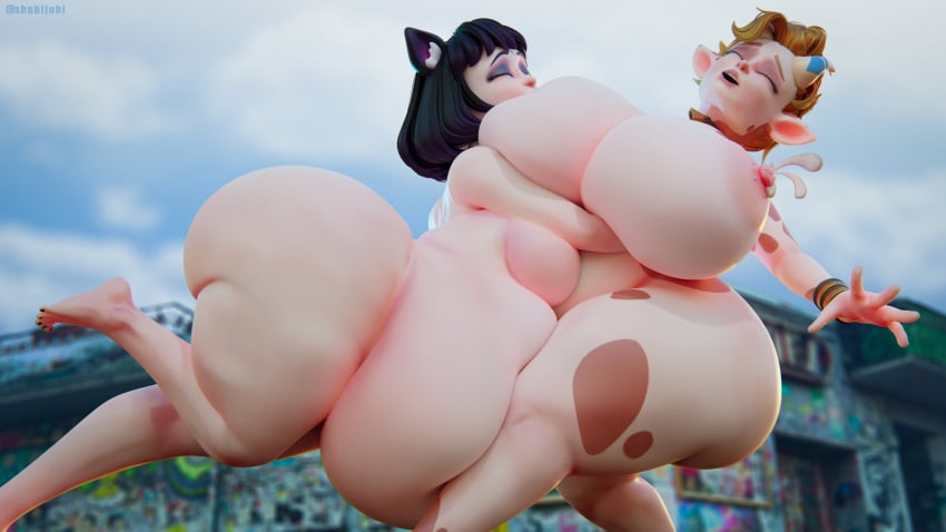 2girls 3d 3d_(artwork) bell_collar big_ass big_belly big_breasts big_butt black_hair bovine brown_hair chubby cow_girl horns huge_ass huge_belly huge_breasts huge_butt hyper_ass hyper_belly hyper_breasts hyper_butt interspecies lactation large_ass large_belly large_breasts luna_(shubijubi) milk monster_girl nipple_sucking overweight shubijubi sucking yuri