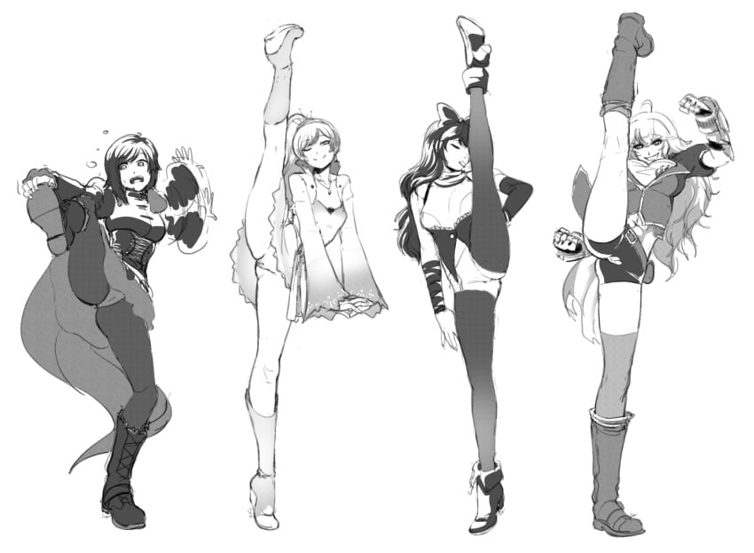 4girls arm_at_side arm_strap arm_up bare_legs belt black_and_white blake_belladonna bodice boots bow breasts cameltoe cape cleavage closed_eyes clothing detached_sleeves dress exposed_pussy faunus female female_focus female_only flexible footwear full_body gauntlets hair_ornament hairbow hand_on_hip handwear high_heel_boots high_heels high_kick holding_own_foot human kicking knee_boots kneepits leg_lift leg_up lineup midriff monochrome multiple_girls navel necklace no_panties nopan one_eye_closed one_eye_covered open_mouth outstretched_arms panties panties_over_pantyhose pantyhose pantyshot ponytail pussy ruby_rose rwby scarf short_shorts shorts show_off side_ponytail sinccubi smile smirk smug splits spread_legs standing_on_one_leg standing_split struggling sweatdrop team_rwby thighhighs tight_clothing tight_shorts tongue_out underwear upskirt vertical_splits weiss_schnee wink yang_xiao_long