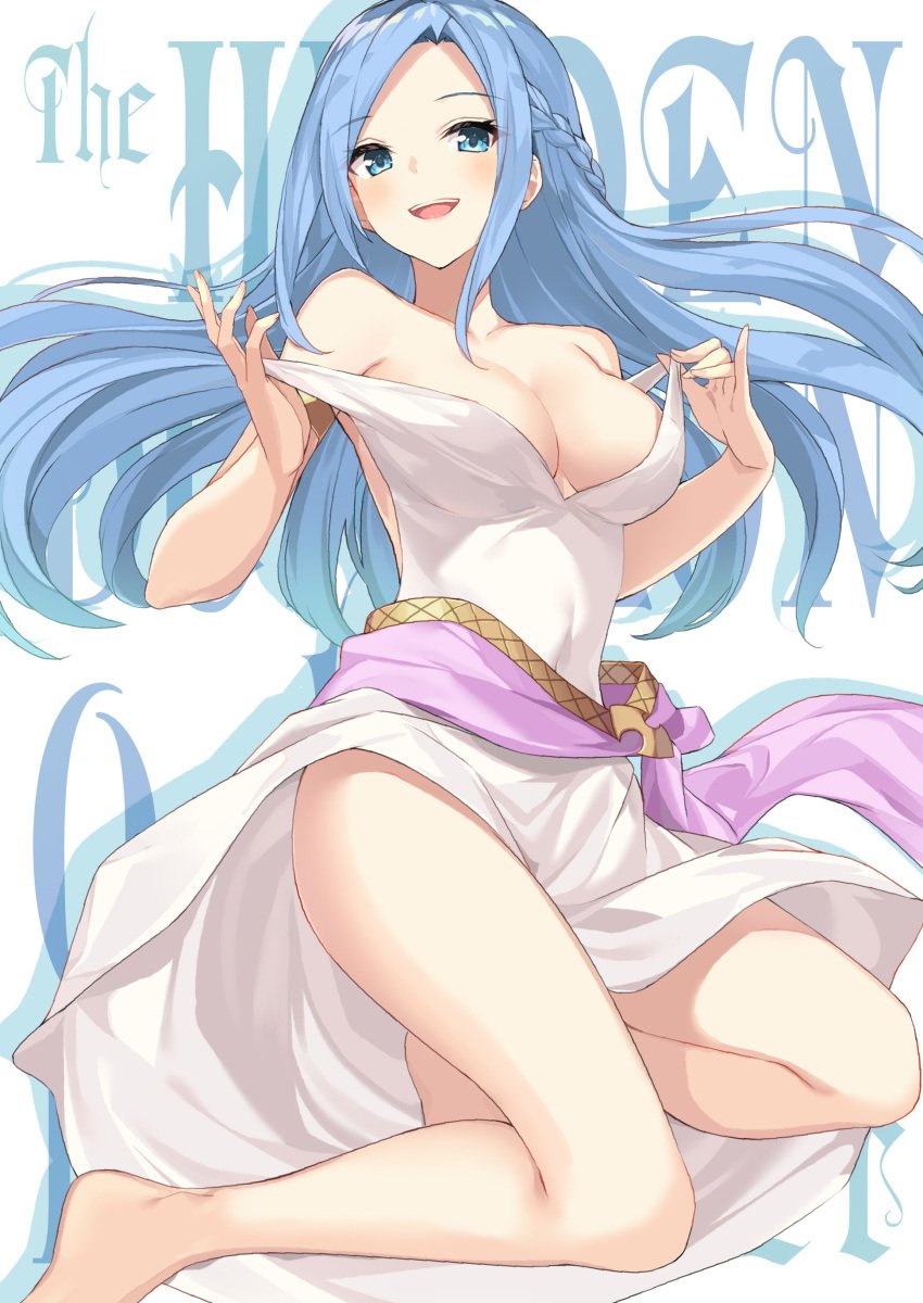 absurdres artist_request bangs bare_legs bare_shoulders barefoot blue_eyes blue_hair breasts dress female highres kneeling large_breasts long_hair looking_at_viewer no_bra official_art olivia_servant open_mouth parted_bangs smile the_hidden_dungeon_only_i_can_enter undressing waistband white_background white_dress