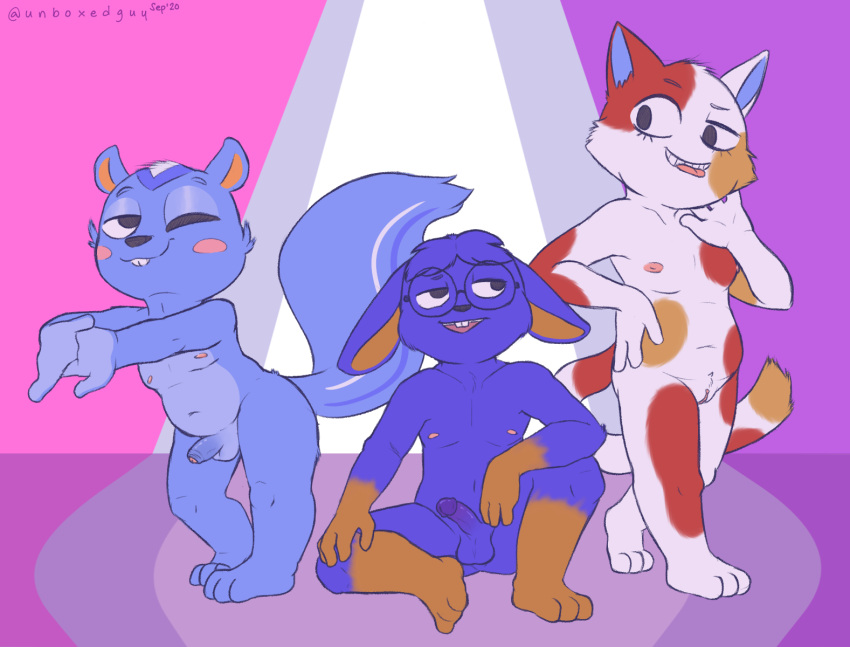 1girls 2boys animal_crossing anthro doc_(animal_crossing) domestic_cat felid feline felis filbert_(animal_crossing) furry hi_res lagomorph leporid male mammal nintendo nude presenting purrl_(animal_crossing) rabbit rodent sciurid tagme unboxyguy video_games