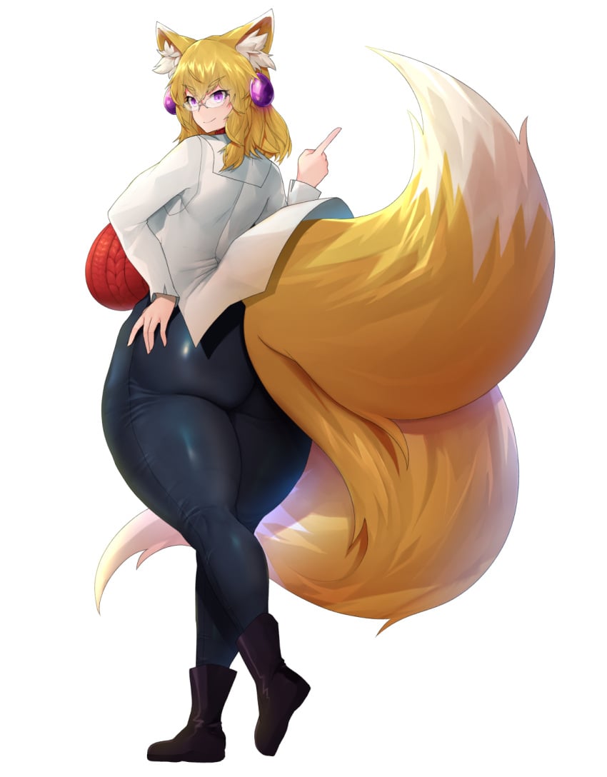 1girls animal_ears ass back_view bianca_(tits) blonde_hair boots breasts child_bearing_hips curvaceous curvy female female_only glasses huge_ass huge_breasts inviting lab_coat labcoat looking_at_viewer pants purple_eyes seductive sinensian smile solo solo_female suggestive sweat tail thick_thighs tight_clothing transparent trials_in_tainted_space voluptuous white_background wide_hips