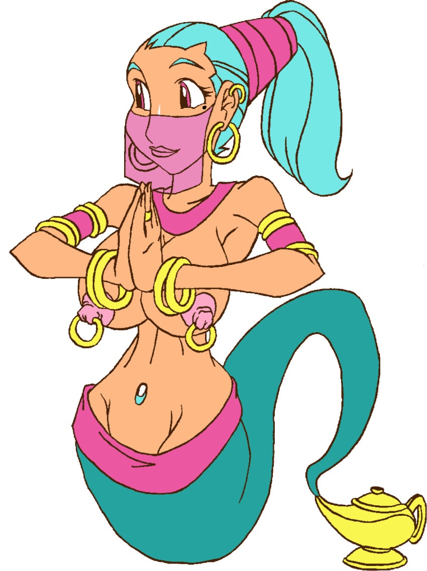 1girls alternate_costume animated aqua_hair biannca biannca_(mnf) color colored curvy_female ear_piercing earrings erect_nipples female genie genie_biannca genie_lamp ghost_tail gold_jewelry hands_together high_ponytail jewelry lamp large_breasts magic_shop meet_'n'_fuck_games mole_under_eye motion_tweening navel_gem nipple_piercing nipples pink_eyes ponytail ring roninsong smile tagme tanned tanned_female