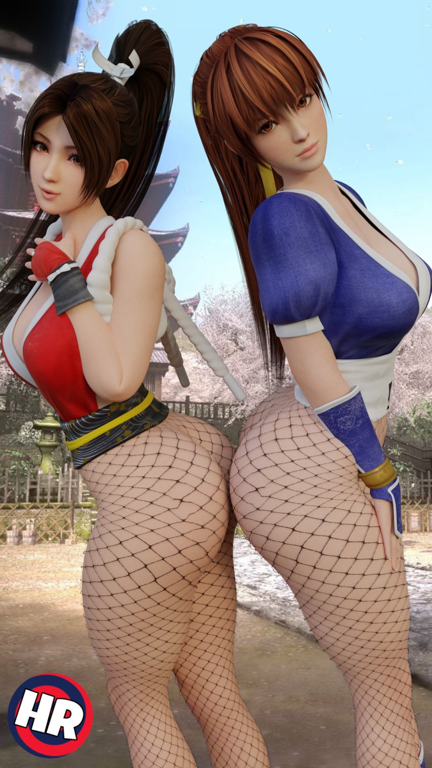 2girls 3d ass ass_to_ass big_ass blender brown_hair dead_or_alive dead_or_alive_5 fatal_fury female female_only fishnets girl_sandwich hrstudio kasumi_(doa) king_of_fighters long_hair looking_at_viewer mai_shiranui pantyhose ponytail red_hair smile snk tied_hair