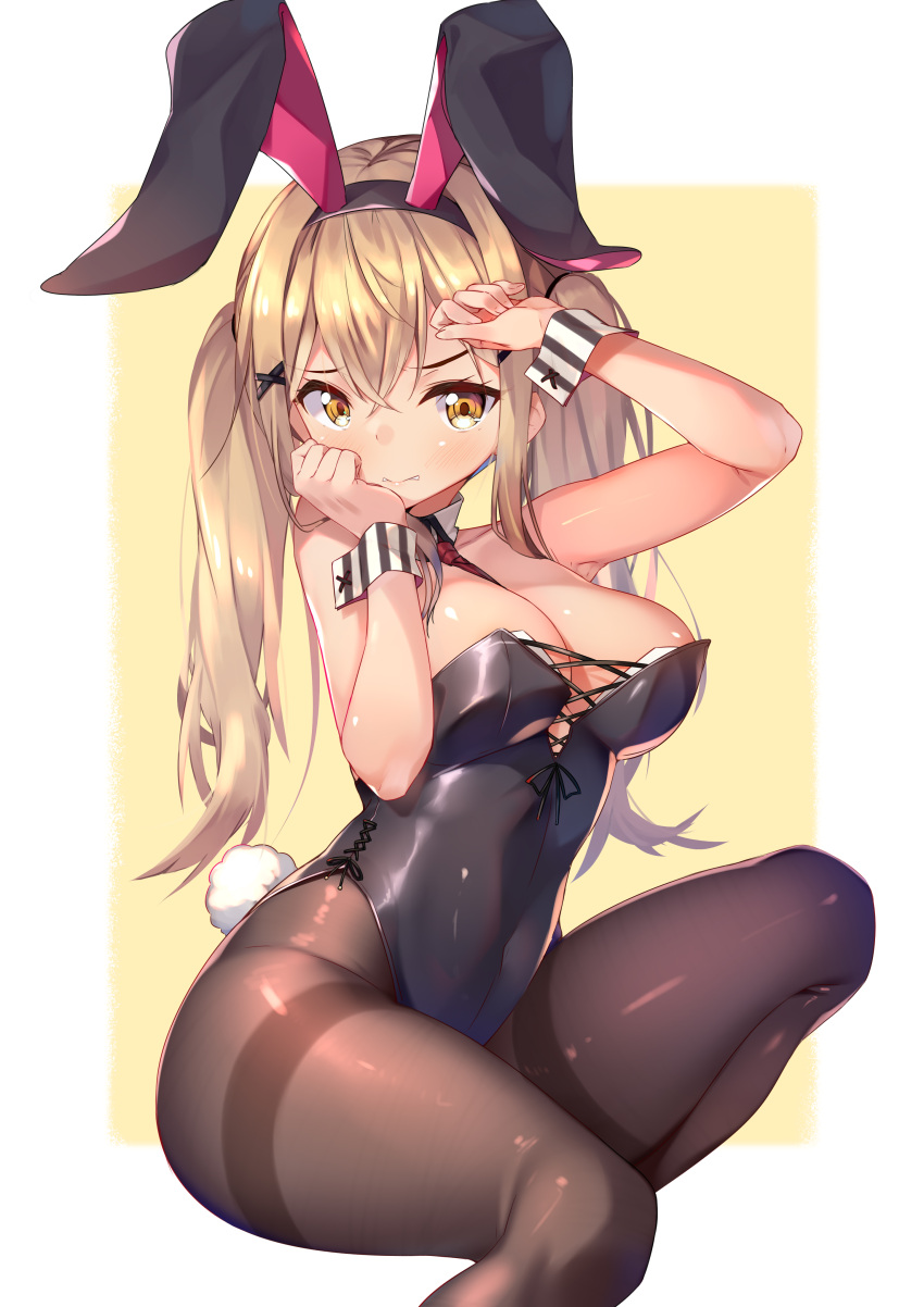 absurdres animal_ears arm_up bang_dream! bangs bare_arms bare_shoulders between_breasts biting biting_lip black_hairband black_leotard blonde_hair blush border breasts brown_legwear bunny_ears bunny_tail cleavage collarbone commentary_request covered_navel cross-laced_clothes crossed_bangs detached_collar embarrassed eyebrows_visible_through_hair fake_animal_ears fake_tail feet_out_of_frame female hair_between_eyes hair_ornament hairband hand_on_own_cheek hand_on_own_face hand_up highleg highleg_leotard highres ichigaya_arisa invisible_chair knee_up large_breasts leotard long_hair looking_at_viewer nasudora necktie necktie_between_breasts outside_border pantyhose playboy_bunny red_neckwear shiny shiny_hair shiny_skin side-tie_leotard sidelocks sitting solo strapless strapless_leotard striped_wrist_cuffs tail thick_thighs thighband_pantyhose thighs twintails white_border wrist_cuffs x_hair_ornament yellow_background yellow_eyes