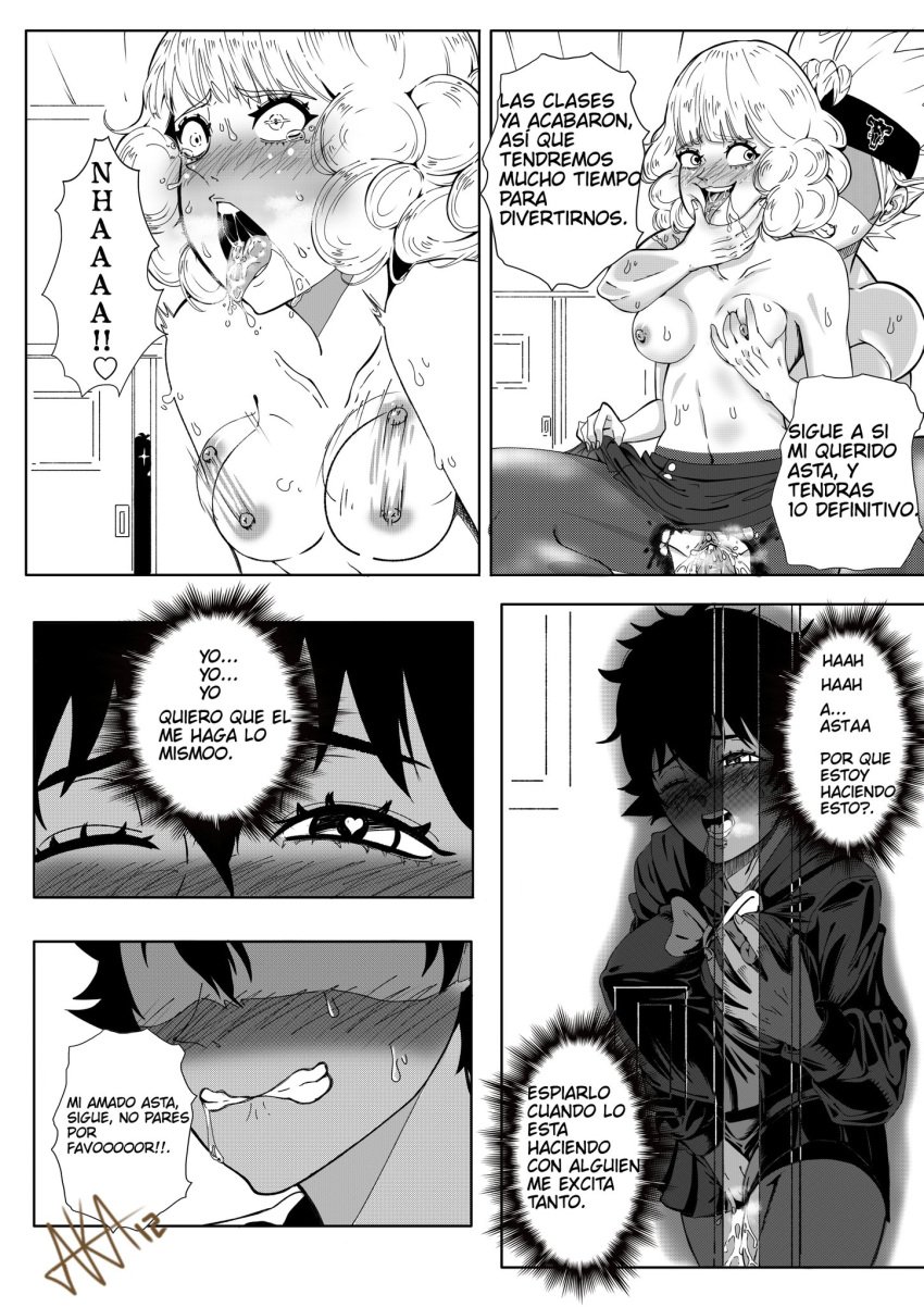 1boy 2girls aka12 asta_(black_clover) black_clover blush dark-skinned_female dark_skin dorothy_unsworth english_translation faceless_male masturbation notes_translation pleasure_face skirt skirt_lift sol_marron spanish_text spying vaginal_penetration