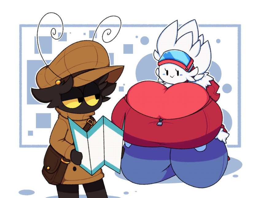 anthro bag dewbber dot_eyes duo furry huge_breasts jacket jeans maley_scrambles map mob_face pokemon pokemon_(species) sweater termite tight_clothing togetic yellow_eyes zipper