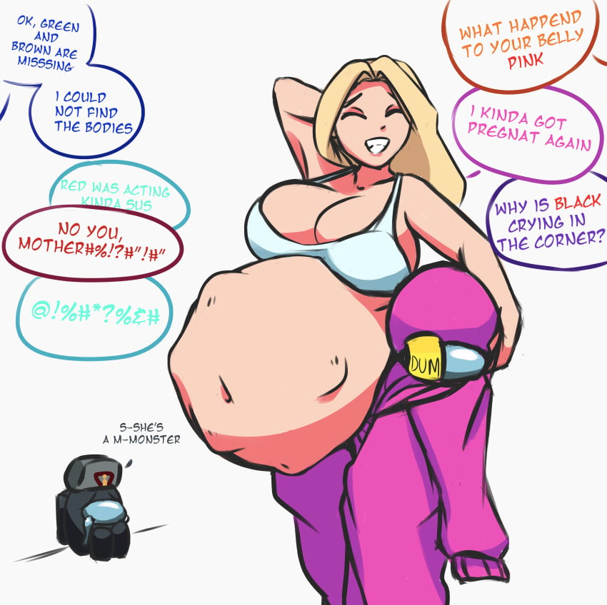 after_vore among_us big_belly big_breasts black_(among_us) blonde_hair bra cleavage crewmate_(among_us) eiosios english_text female fetal_movement hat implied_vore impostor_(among_us) latex_suit long_hair male navel pink_(among_us) post_vore stomach_bulge tagme vore