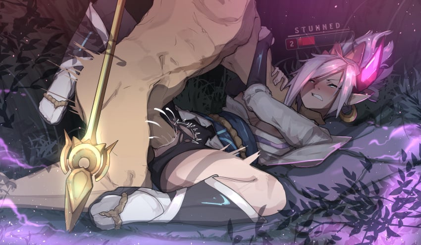 1girls choked choking defeated female forced health_bar held_down holding_arm league_of_legends male/female missionary_position neck_grab on_back pantheon pinned_down pointy_ears rape restrained riven shuuko spirit_blossom_riven spirit_blossom_series thighs vaginal vaginal_penetration white_hair white_socks