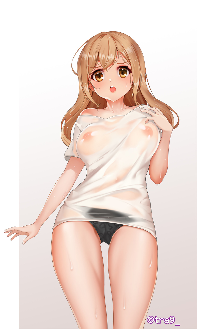 bang_dream! bangs black_panties blonde_hair blush breasts brown_eyes brown_hair commentary covered_nipples female gradient gradient_background highres ichigaya_arisa kim_hyun-kyung korean_commentary large_breasts long_hair looking_at_viewer md5_mismatch nipples no_bra open_mouth panties photoshop_(medium) round_teeth see-through shirt simple_background solo t-shirt teeth twitter_username underwear upper_teeth wet wet_clothes wet_shirt yellow_eyes