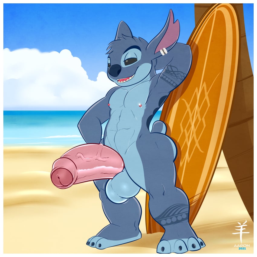 1:1 1boy 2021 4_toes aaron_(artist) alien anthro anthrofied back_markings balls beach big_balls big_penis black_eyes blue_body blue_fur blue_nose border day digital_media_(artwork) disney ear_piercing experiment_(lilo_and_stitch) feet foreskin fur genitals hand_behind_head hi_res himbo_stitch humanoid_genitalia humanoid_penis lilo_and_stitch male male_only markings muscular muscular_anthro muscular_male nipples nude open_mouth open_smile outside partially_retracted_foreskin penis piercing seaside small_tail smile solo stitch surfboard toes uncut vehicle watercraft white_border