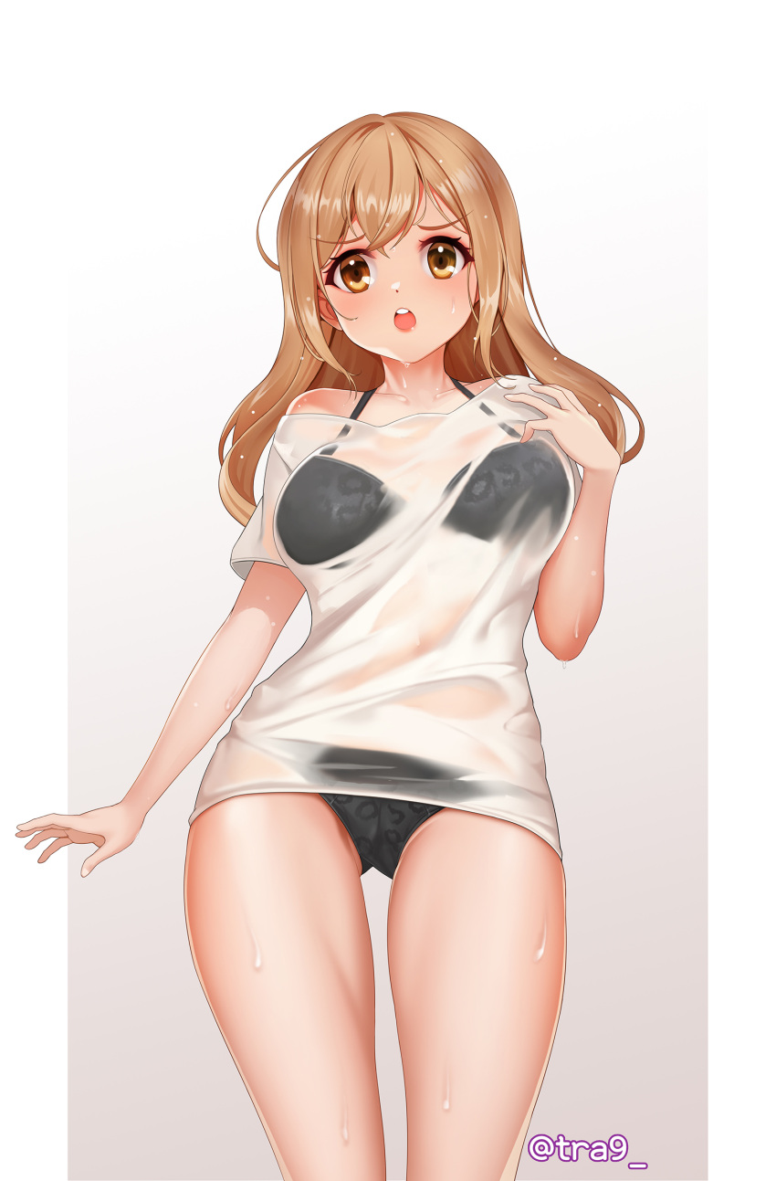 ass_visible_through_thighs bang_dream! bangs black_bra black_panties blonde_hair blush bra bra_strap breasts brown_eyes brown_hair commentary female gradient gradient_background halter_top halterneck highres ichigaya_arisa kim_hyun-kyung korean_commentary large_breasts long_hair looking_at_viewer open_mouth panties photoshop_(medium) round_teeth see-through shirt simple_background solo t-shirt teeth twitter_username underwear upper_teeth wet wet_clothes wet_shirt yellow_eyes