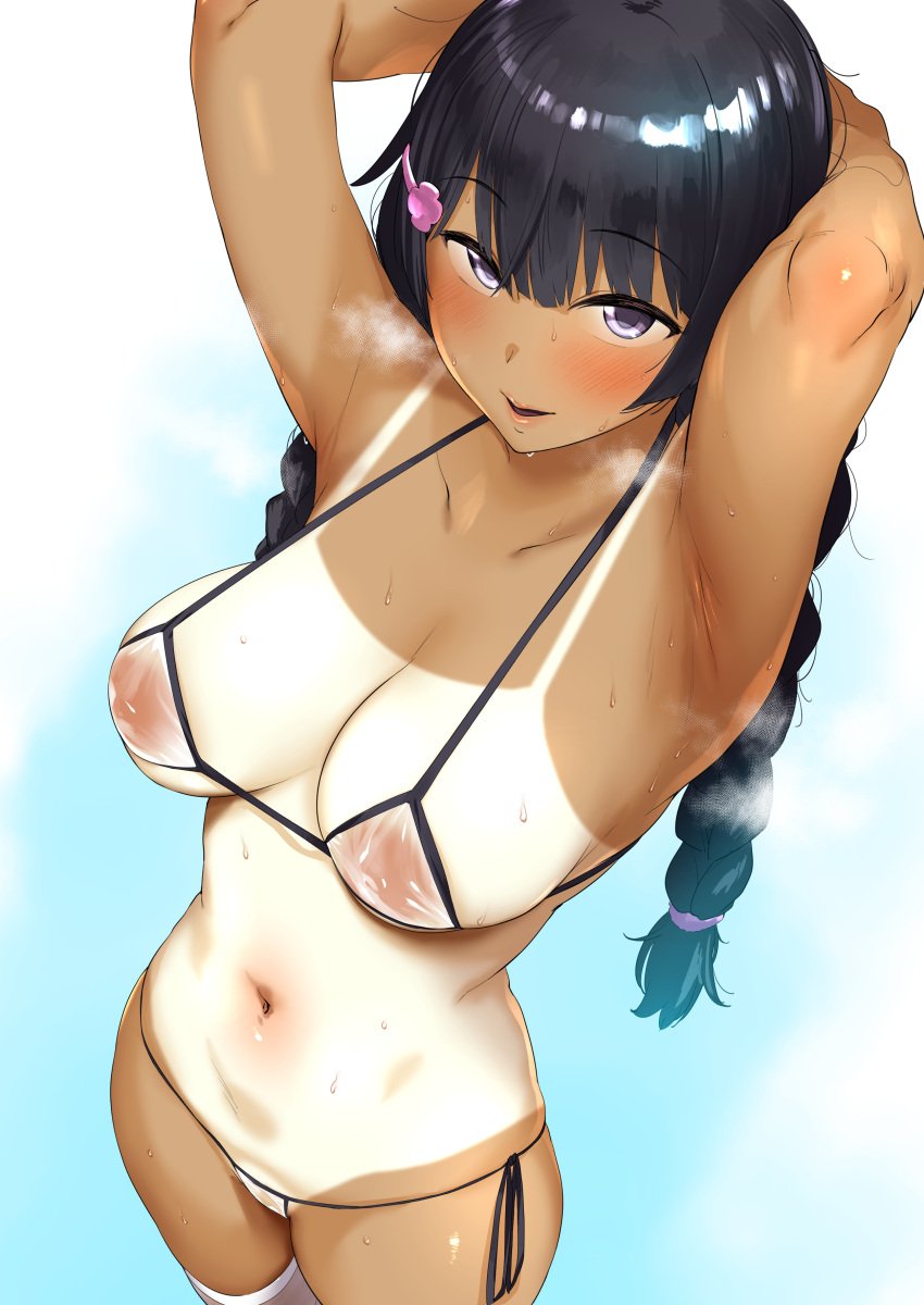 armpit armpits arms_behind_head arms_up bangs bikini black_hair blush braid breasts breath cleavage collarbone eye_contact eyebrows eyebrows_visible_through_hair female from_above hair_ornament hairclip large_breasts long_hair looking_at_viewer micro_bikini navel nijisanji one-piece_tan open_mouth pija_(pianiishimo) purple_eyes side-tie_bikini skindentation smile solo standing sweat swimsuit tan tan_body tan_skin tanline tanned tanned_skin thighhighs tsukino_mito twin_braids virtual_youtuber white_bikini white_legwear