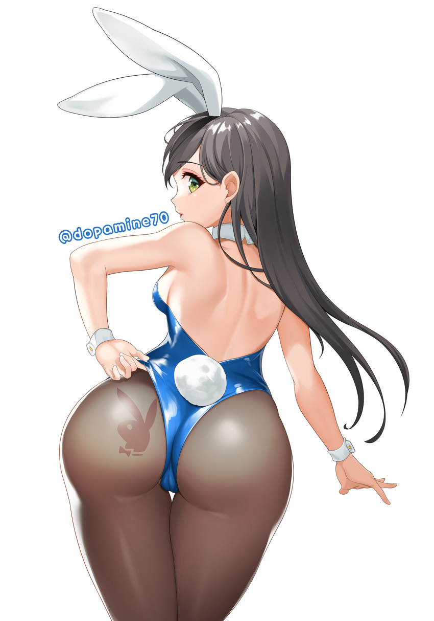 animal_ears ass ass_tattoo bang_dream! bare_arms bare_back bare_shoulders black_hair black_legwear blue_leotard bodypaint breasts bunny_ears bunny_tail bunnysuit cameltoe cowboy_shot detached_collar female from_behind green_eyes hanazono_tae highres kim_hyun-kyung leaning_forward leotard leotard_tug long_hair looking_at_viewer looking_back pantyhose playboy_bunny sideboob simple_background sleeveless solo standing tail thigh_gap twitter_username white_background wrist_cuffs