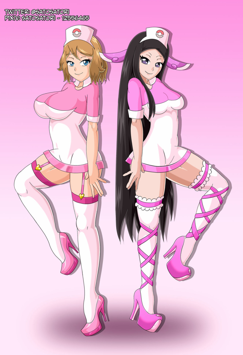 2girls alternate_costume black_hair blackjoe01 brunette busty female female_only happy_female high_heels long_hair long_legs looking_at_another looking_at_viewer multiple_girls nurse pink_legwear platform_heels pokemon pokemon_xy satosatori serena_(pokemon) short_hair smiling_at_another smiling_at_viewer tall_female thin_female valerie_(pokemon)