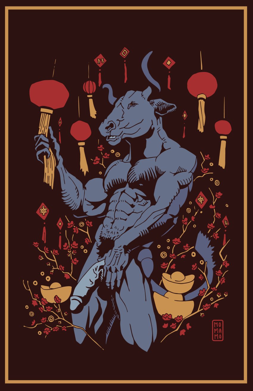 2021 abs absurd_res anthro ass balls biceps biped blue_body blue_fur bovid bovine chinese_new_year coin digital_media_(artwork) erection flower fur genitals gold_(metal) gold_coin hi_res horn humanoid_genitalia humanoid_penis ingot lantern looking_at_viewer lunar_new_year male male_only mammal momamo muscular muscular_anthro muscular_male nipples nude open_mouth orchid_(flower) paper_lantern pecs penis plant simple_background smile solo standing