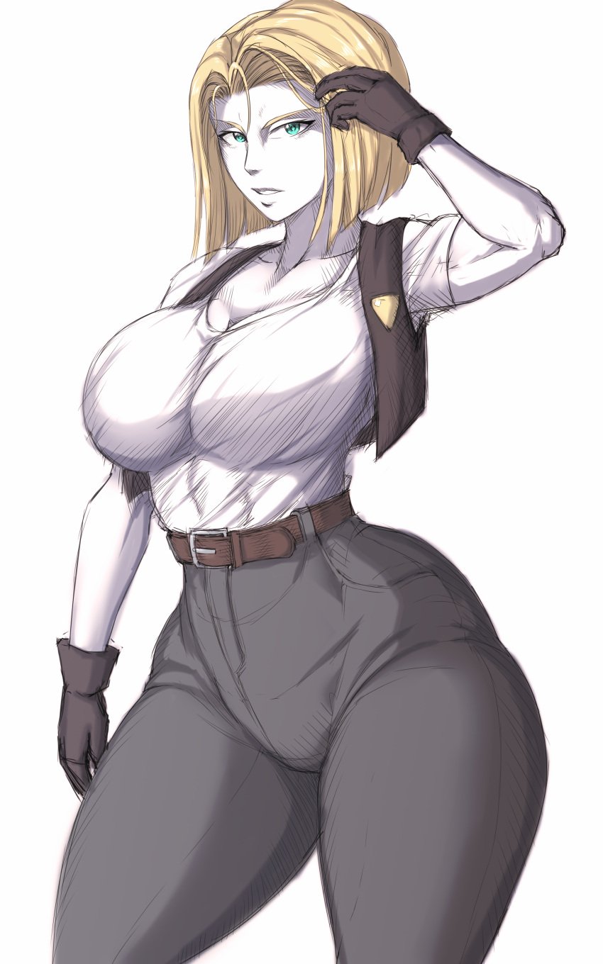 android_18 big_breasts blonde_hair clothed dno dragon_ball dragon_ball_super dragon_ball_z hand_on_head high_waisted_pants jeans muscular_arms muscular_female tight_clothing