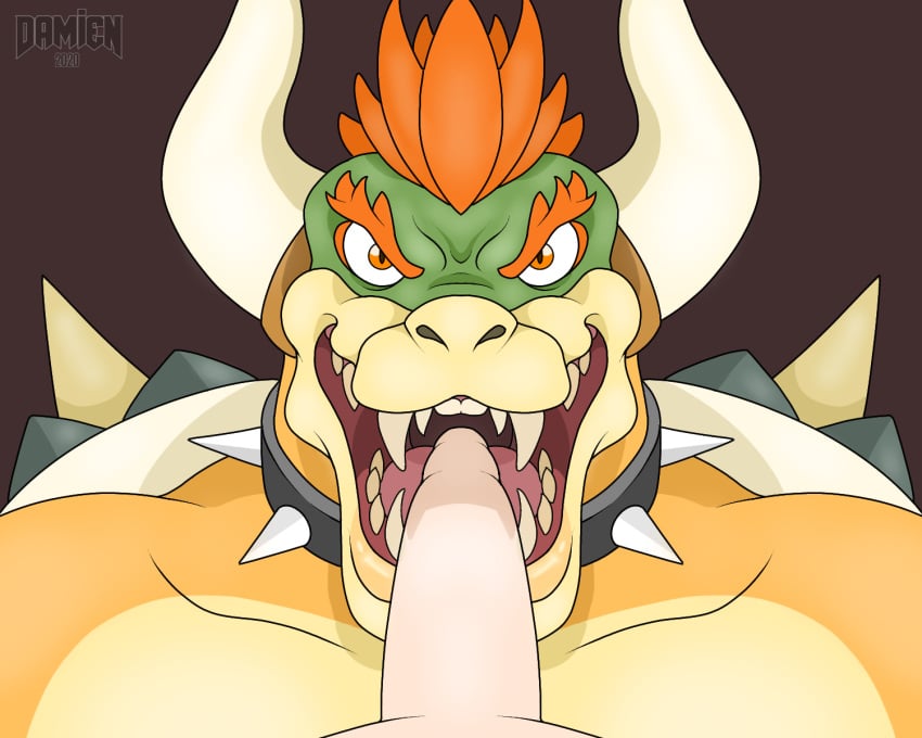 2020 anthro balls bara bowser collar demondoggodamien digital_media_(artwork) duo erection fangs fellatio genitals hair hi_res horn human human_on_anthro humanoid_genitalia humanoid_penis interspecies koopa looking_at_viewer male male/male male_only male_penetrated male_penetrating male_penetrating_male mammal mario_(series) nintendo nude open_mouth oral oral_penetration penetration penile penis scalie sex shell signature simple_background smile spikes teeth tongue video_games