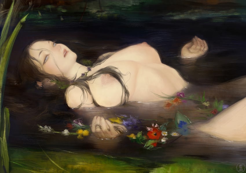 1girls big_breasts black_hair breasts brown_hair casual female female_focus female_only fine_art_parody flowers grey_eyes hamlet human john_everett_millais long_hair natthelich nipples nude nude_female nudist open_mouth ophelia original original_character painting_(artwork) pale_skin pandora_(natthelich) public_domain shakespeare solo solo_female solo_focus water