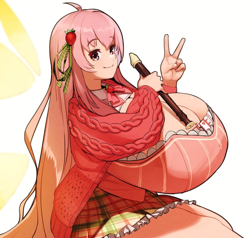 1girls 2021 brown_eyes bursting_breasts cleavage cleavage_cutout closed_mouth fairy_ichika fairy_wings female female_focus female_only huge_breasts hyper hyper_breasts indie_virtual_youtuber light-skinned_female light_skin long_hair looking_at_viewer musical_instrument naze peace_sign pink_hair recorder_(musical_instrument) sitting skirt smile solo sweater thick_thighs virtual_youtuber white_background wings