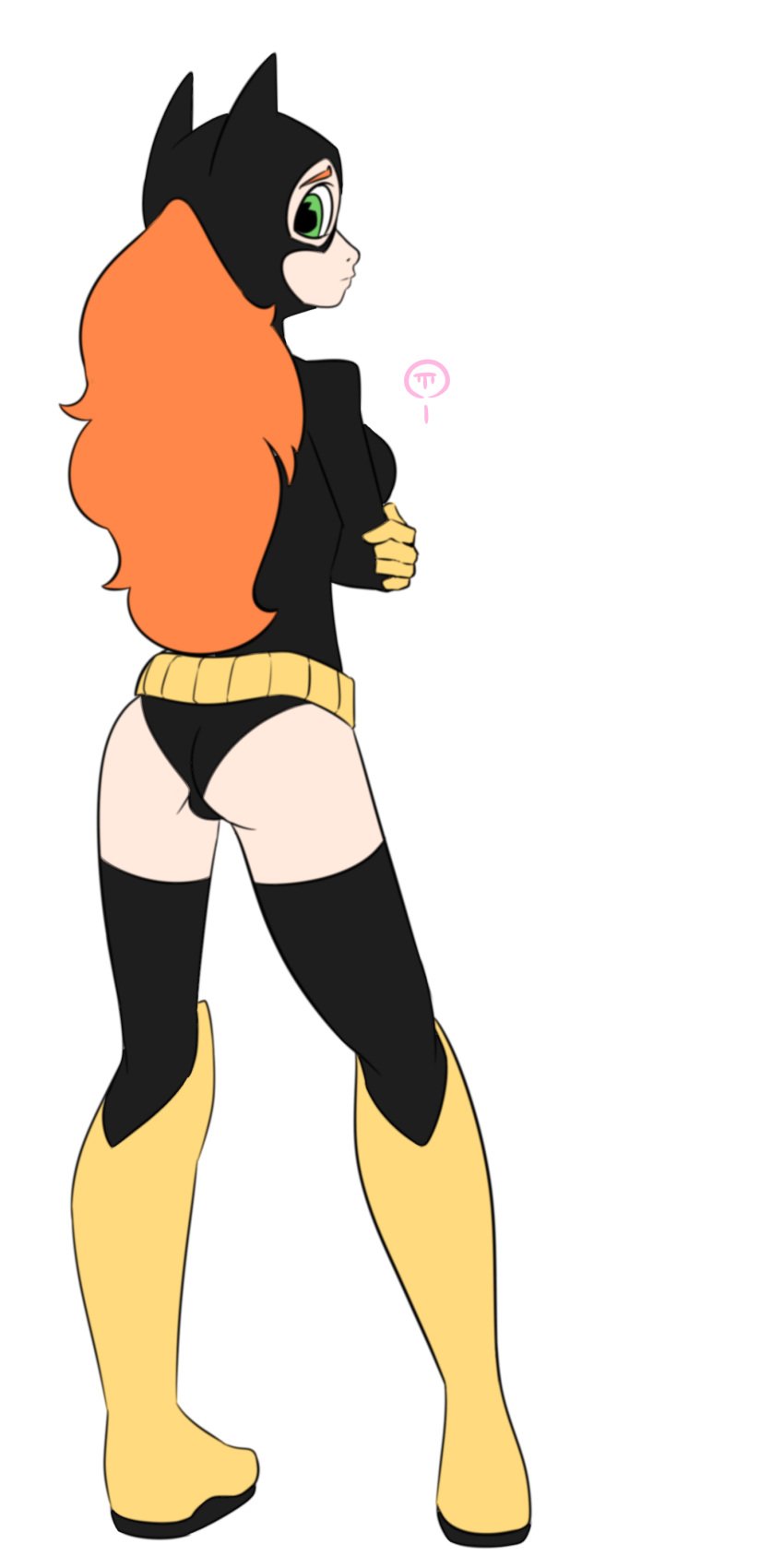 alternate_costume arms_crossed_under_breasts ass barbara_gordon batgirl batman_(series) belt cameltoe clothing concerned costume dc dc_comics female footwear from_behind ginger green_eyes handwear headgear human leotard modeling orange_hair sideboob simple_background solo standing superheroine threetwigs