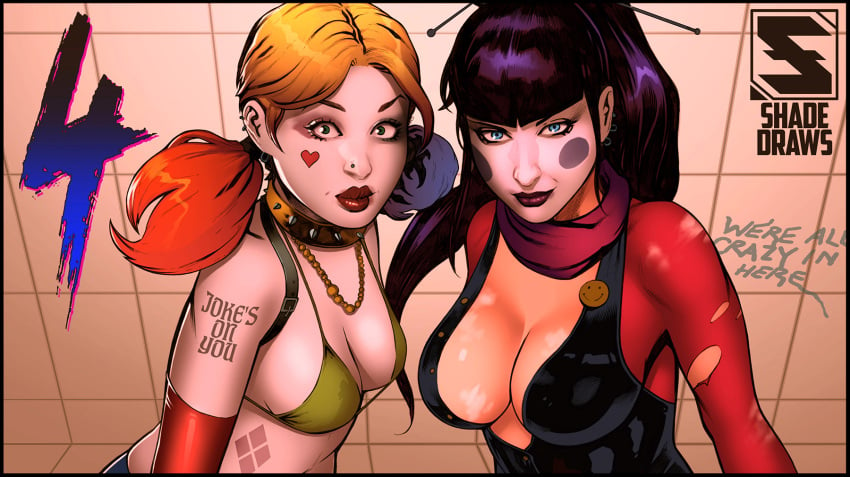 2girls alexis_kaye batman_(series) big_breasts blonde_hair bra breasts cleavage clothed clown_makeup dc dc_comics dyed_hair eyeshadow female female_only fully_clothed harley_quinn lipstick makeup multicolored_hair punchline_(dc) purple_hair ripped_clothing shade_jones smile