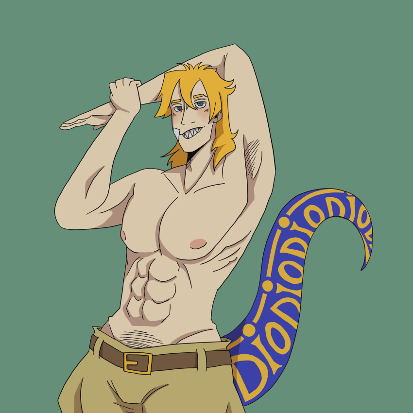 1boy blonde_hair blue_eyes diego_brando dinosaur half_naked jojo's_bizarre_adventure lizard_tail looking_at_viewer male male_only muscular muscular_male scary_monsters steel_ball_run