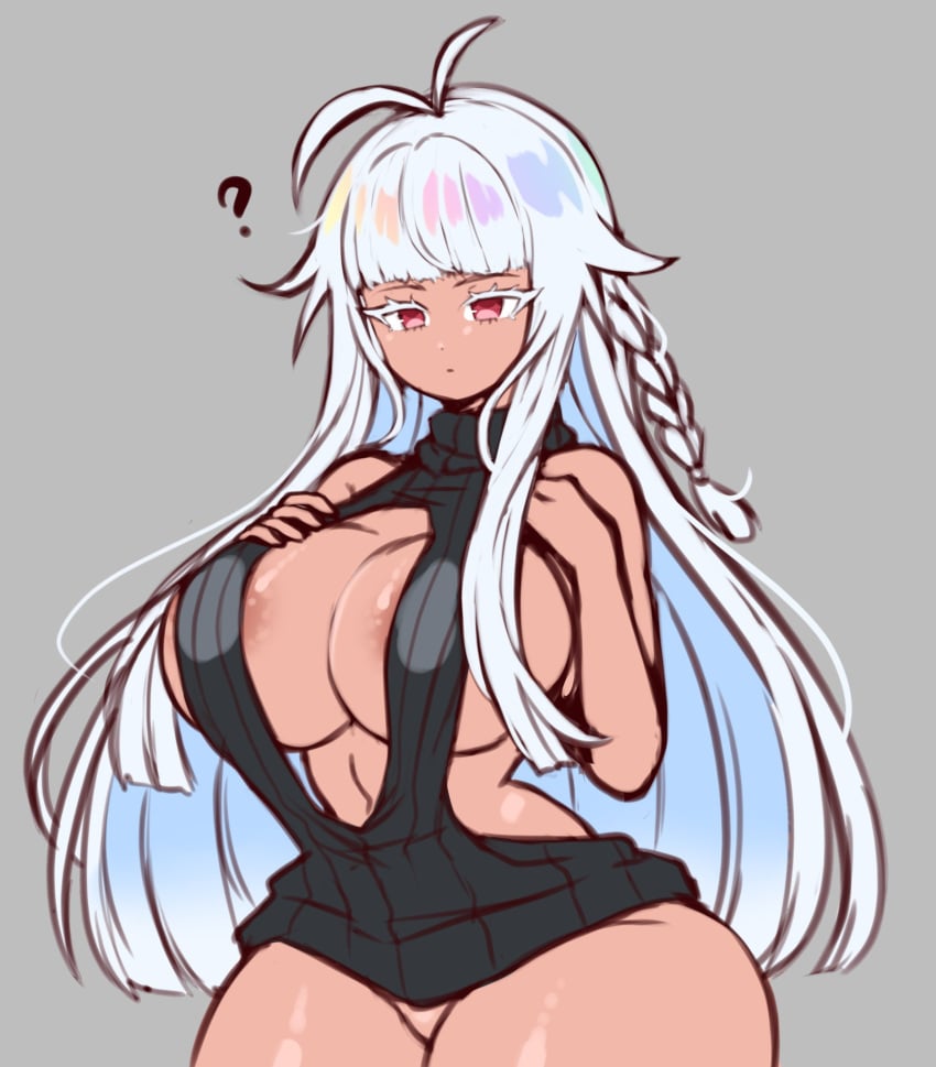 1girls ? alter_minari_(jojoniumart) big_breasts breasts busty emotionless empty_eyes female female_only hourglass_figure jojoniumart long_hair looking_at_viewer multicolored_hair red_eyes simple_background skimpy small_waist solo tan_skin white_hair wide_hips