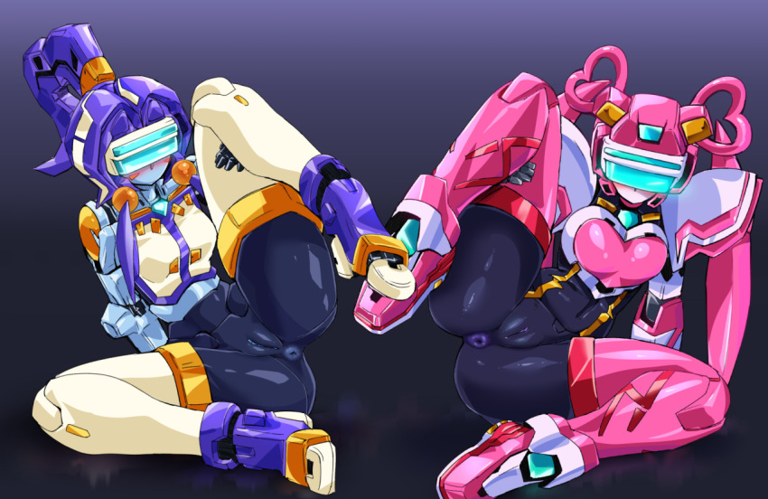 2girls android angelan anus ass blue_anus blue_pussy blush breasts clitoris fei-yen female gradient gradient_background high_resolution highres hybrid looking_back multiple_girls no_mouth pochincoff purple_anus purple_background purple_pussy pussy robot robot_girl spread_legs uncensored virtual_on