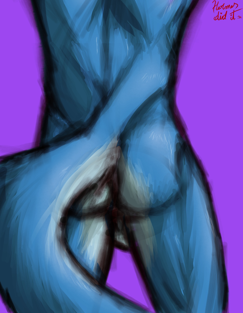 absurd_res anthro ass balls blue_body blue_fur butt_focus canid canine canis domestic_dog fur genitals hermesdidit hi_res male mammal multicolored_body multicolored_fur muscular muscular_anthro muscular_male simple_background sketch solo