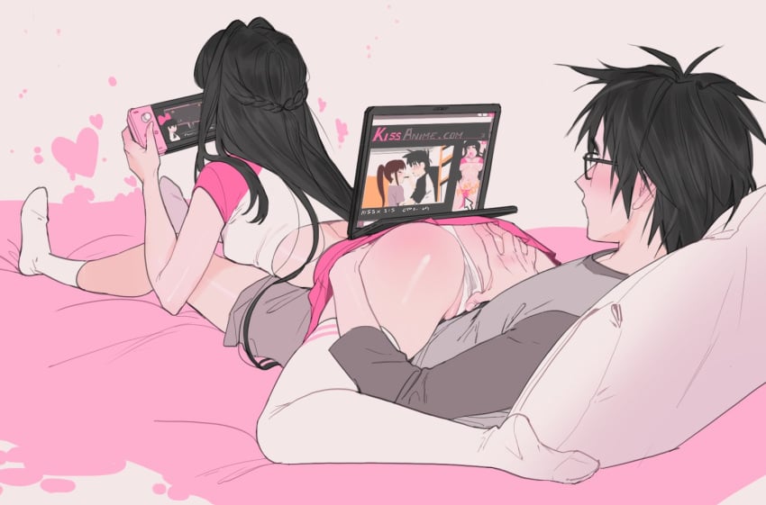 1boy 1girls aiko_(melanpsycholia) ass black_hair blush brother_and_sister clothed clothing computer electronics faceless_female female game_console glasses handheld_game_console incest kaito_(melanpsycholia) kissxsis lacryboy laptop long_hair mad_father male melanpsycholia nintendo_switch panties playing_videogame pussy pussy_juice rubbing_pussy skirt socks straight thighhighs uncensored video_games watching watching_porn wet_panties wet_pussy