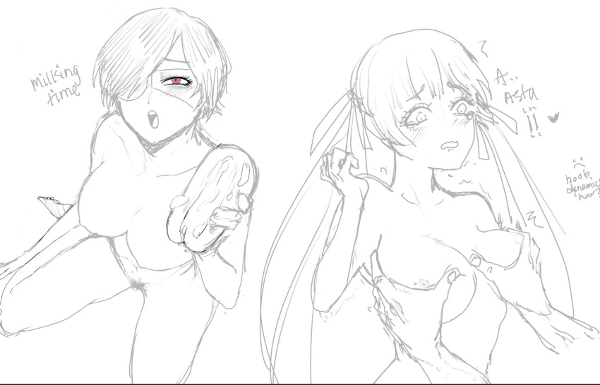 2girls :o black_clover breast_grab breast_squeeze eye_contact eye_patch female flustered grope groping hairpin kuri00504 long_hair looking_at_viewer medium_breasts monochrome multiple_girls nipples noelle_silva quiver red_eyes short_hair sketch tears twintails vanica_zogratis