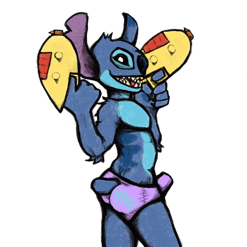 1:1 2021 5_fingers alien anthro anthrofied arm_tuft back_markings biped black_claws black_eyes blue_body blue_fur blue_nose briefs butt_pose claws clothing digital_drawing_(artwork) digital_media_(artwork) disney dual_wielding ear_markings elbow_tufts erection experiment_(lilo_and_stitch) facial_markings fingers fur head_markings head_tuft hi_res holding_object holding_weapon humanoid_hands lazertooth lilo_and_stitch looking_at_viewer male male_only markings notched_ear open_mouth open_smile plasma_blaster plasma_gun pose pupils ranged_weapon simple_background slim small_tail smile solo stitch tenting text tuft underwear weapon white_background white_pupils