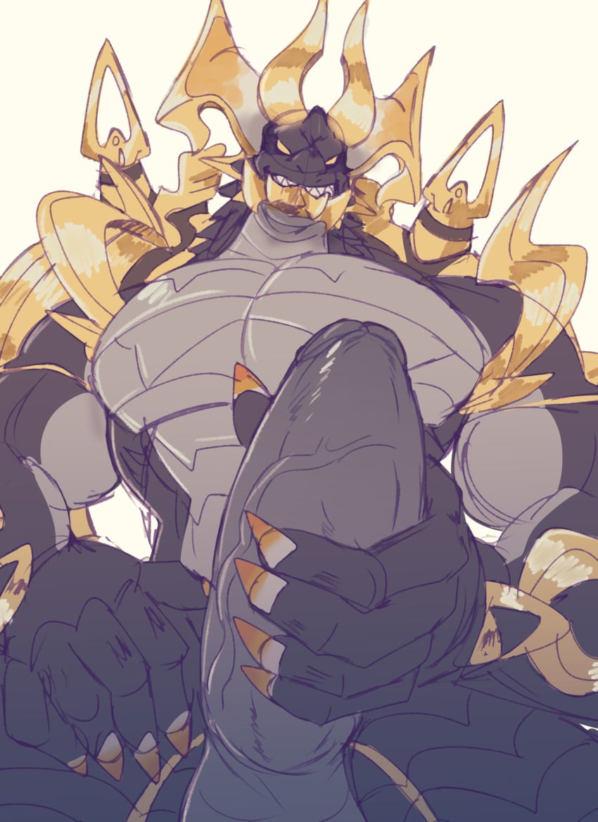 absurd_res anthro balls biceps big_penis chronos_(dragalia_lost) claws cygames dragalia_lost dragon erection genitals gold_(metal) hand_on_leg hi_res holding_penis juggermelon low-angle_view male masturbation muscular muscular_anthro muscular_male pecs penile penile_masturbation penis scalie simple_background solo veiny_muscles video_games white_background