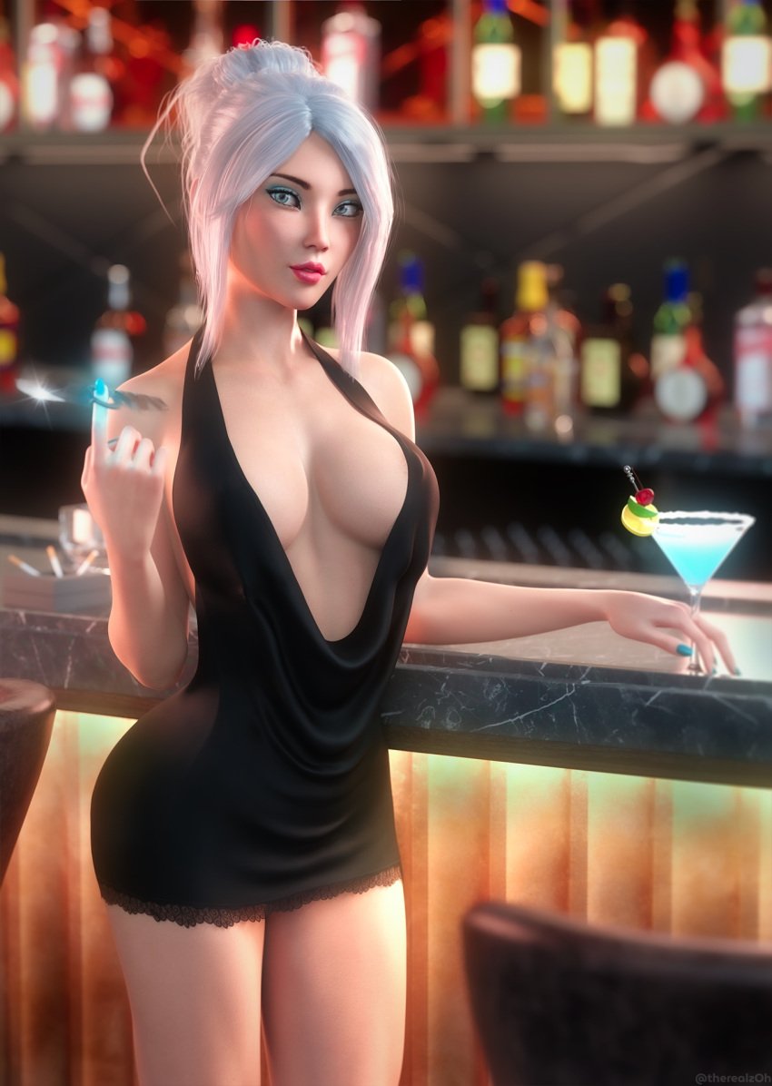 1girls 3d alcohol areola_slip artist_name bar black_dress blue_eyes blue_nail_polish blue_nails breasts cleavage cleavage_dress cocktail deep_cleavage dress eyeshadow female female_only jett_(valorant) large_breasts lipstick little_black_dress long_fingernails looking_at_viewer low_neckline metallic_nail_polish nail_polish revealing_clothes riot_games sci-fi science_fiction scifi short_dress solo therealzoh tied_hair valorant white_hair zoh