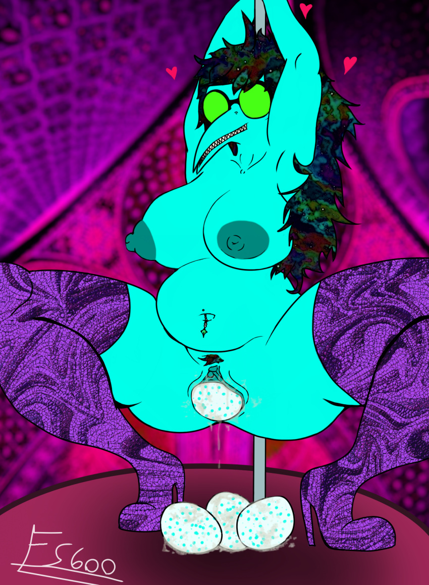 anthro beak big_belly big_nipples clitoris egg female funkysamurai600 galaxy_hair glasses green_skin heart huge_breasts leggings long_hair milf monster navel_piercing nipples original_character poledancer pregnant psychedelic pubic_hair public pussy pussy_juice seductive sharp_teeth spread stripper_pole thick_thighs trippy_background unknown_species voluptuous wide_hips